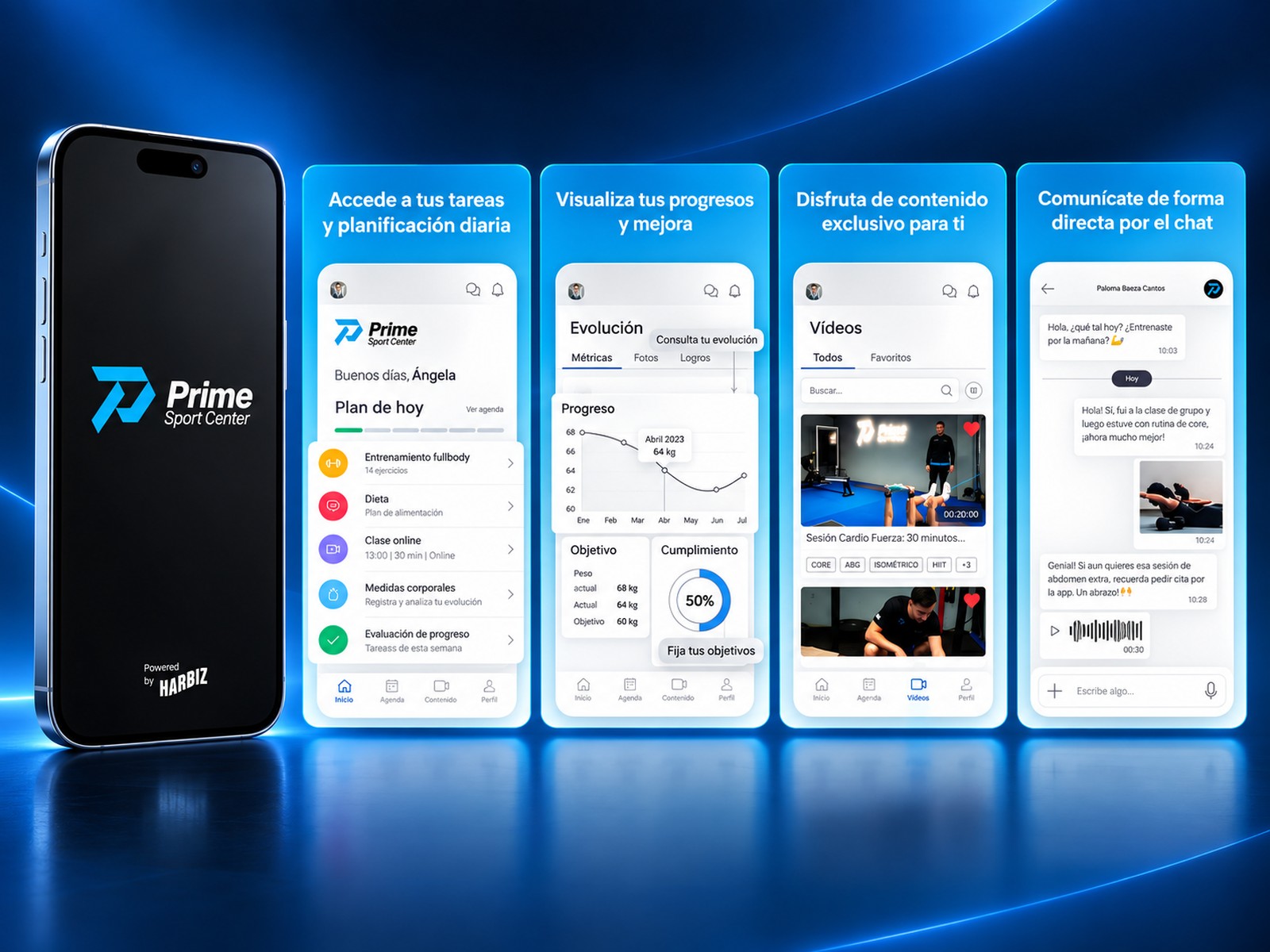 Pantallas de la app de Prime Sport Center: plan diario, evolución de progresos, contenido en vídeo y chat directo con el entrenador
