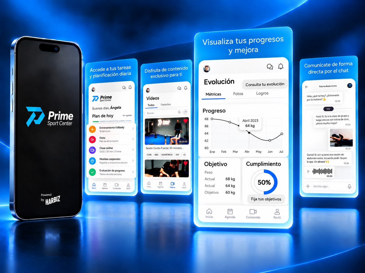 Pantalla de evolución de la app de Prime Sport Center para el seguimiento del progreso